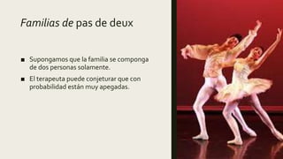 Familias de pas de deux
■ Supongamos que la familia se componga
de dos personas solamente.
■ El terapeuta puede conjeturar que con
probabilidad están muy apegadas.
 