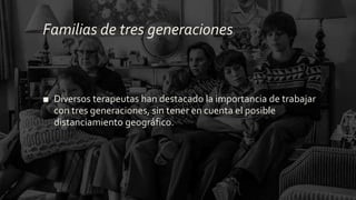 Familias de tres generaciones
■ Diversos terapeutas han destacado la importancia de trabajar
con tres generaciones, sin tener en cuenta el posible
distanciamiento geográfico.
 