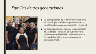 Familias de tres generaciones
■ La configuración de la familia extensa aloja
en la multiplicidad de sus generaciones la
posibilidad de una especialización funcional.
■ La organización del apoyo y la cooperación
en las tareas familiares se puede llevar a
cabo con una flexibilidad inherente a esta
forma de familia, y a menudo con una
genuina pericia.
 