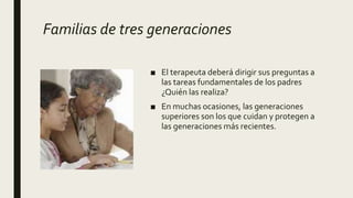 Familias de tres generaciones
■ El terapeuta deberá dirigir sus preguntas a
las tareas fundamentales de los padres
¿Quién las realiza?
■ En muchas ocasiones, las generaciones
superiores son los que cuidan y protegen a
las generaciones más recientes.
 