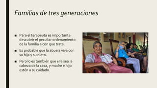 Familias de tres generaciones
■ Para el terapeuta es importante
descubrir el peculiar ordenamiento
de la familia a con que trata.
■ Es probable que la abuela viva con
su hija y su nieto.
■ Pero lo es también que ella sea la
cabeza de la casa, y madre e hijo
estén a su cuidado.
 