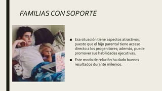 FAMILIAS CON SOPORTE
■ Esa situación tiene aspectos atractivos,
puesto que el hijo parental tiene acceso
directo a los progenitores; además, puede
promover sus habilidades ejecutivas.
■ Este modo de relación ha dado buenos
resultados durante milenios.
 