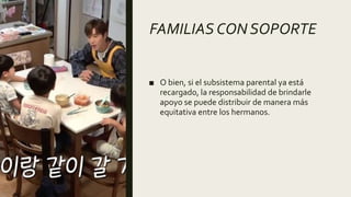 FAMILIAS CON SOPORTE
■ O bien, si el subsistema parental ya está
recargado, la responsabilidad de brindarle
apoyo se puede distribuir de manera más
equitativa entre los hermanos.
 