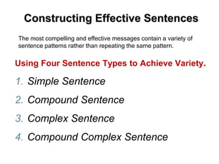 Constructing Effective Sentences
Using Four Sentence Types to Achieve Variety.
1. Simple Sentence
2. Compound Sentence
3. Complex Sentence
4. Compound Complex Sentence
The most compelling and effective messages contain a variety of
sentence patterns rather than repeating the same pattern.
 