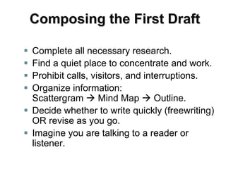 Composing the First Draft
 Complete all necessary research.
 Find a quiet place to concentrate and work.
 Prohibit calls, visitors, and interruptions.
 Organize information:
Scattergram  Mind Map  Outline.
 Decide whether to write quickly (freewriting)
OR revise as you go.
 Imagine you are talking to a reader or
listener.
 
