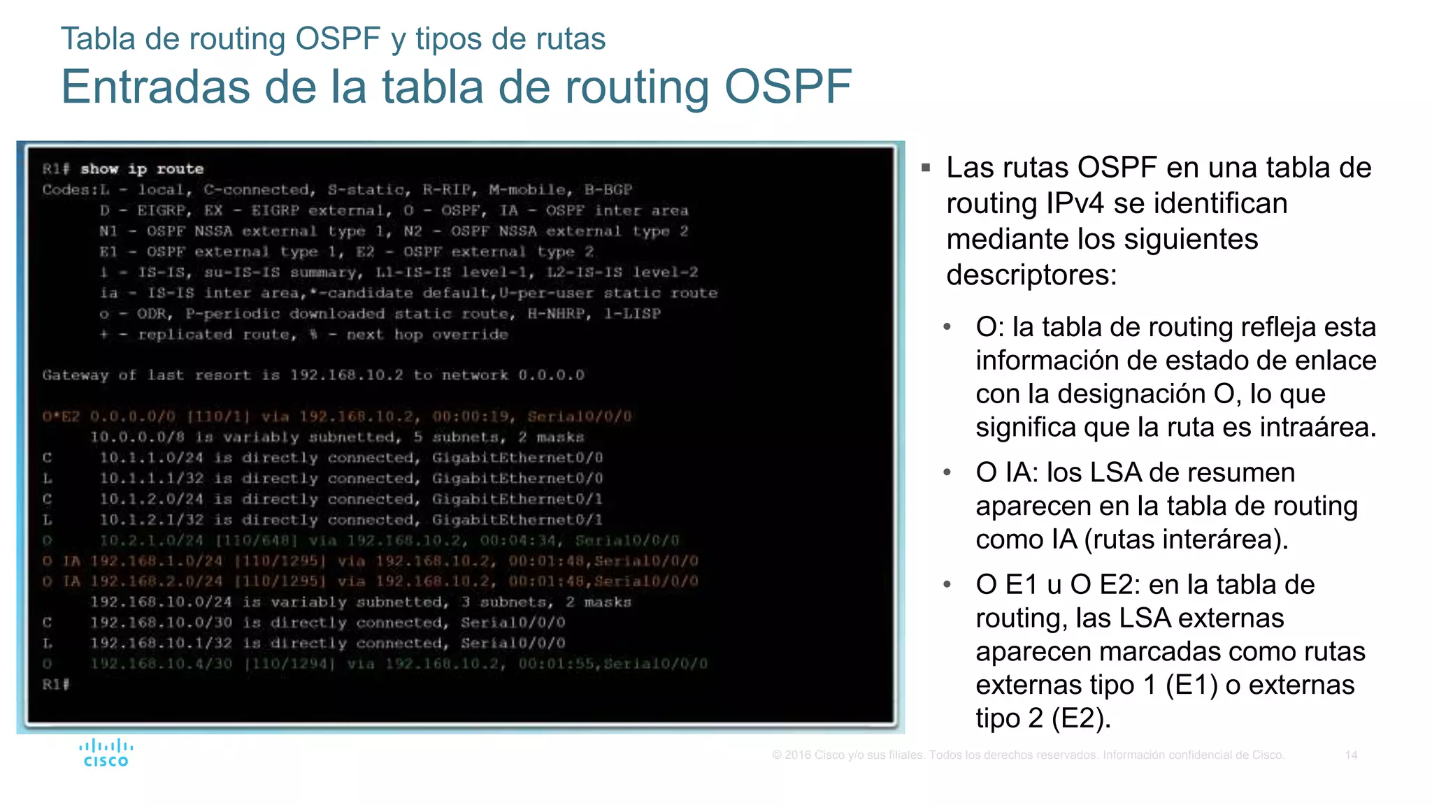 14
© 2016 Cisco y/o sus filiales. Todos los derechos reservados. Información confidencial de Cisco.
 Las rutas OSPF en una tabla de
routing IPv4 se identifican
mediante los siguientes
descriptores:
• O: la tabla de routing refleja esta
información de estado de enlace
con la designación O, lo que
significa que la ruta es intraárea.
• O IA: los LSA de resumen
aparecen en la tabla de routing
como IA (rutas interárea).
• O E1 u O E2: en la tabla de
routing, las LSA externas
aparecen marcadas como rutas
externas tipo 1 (E1) o externas
tipo 2 (E2).
Tabla de routing OSPF y tipos de rutas
Entradas de la tabla de routing OSPF
 