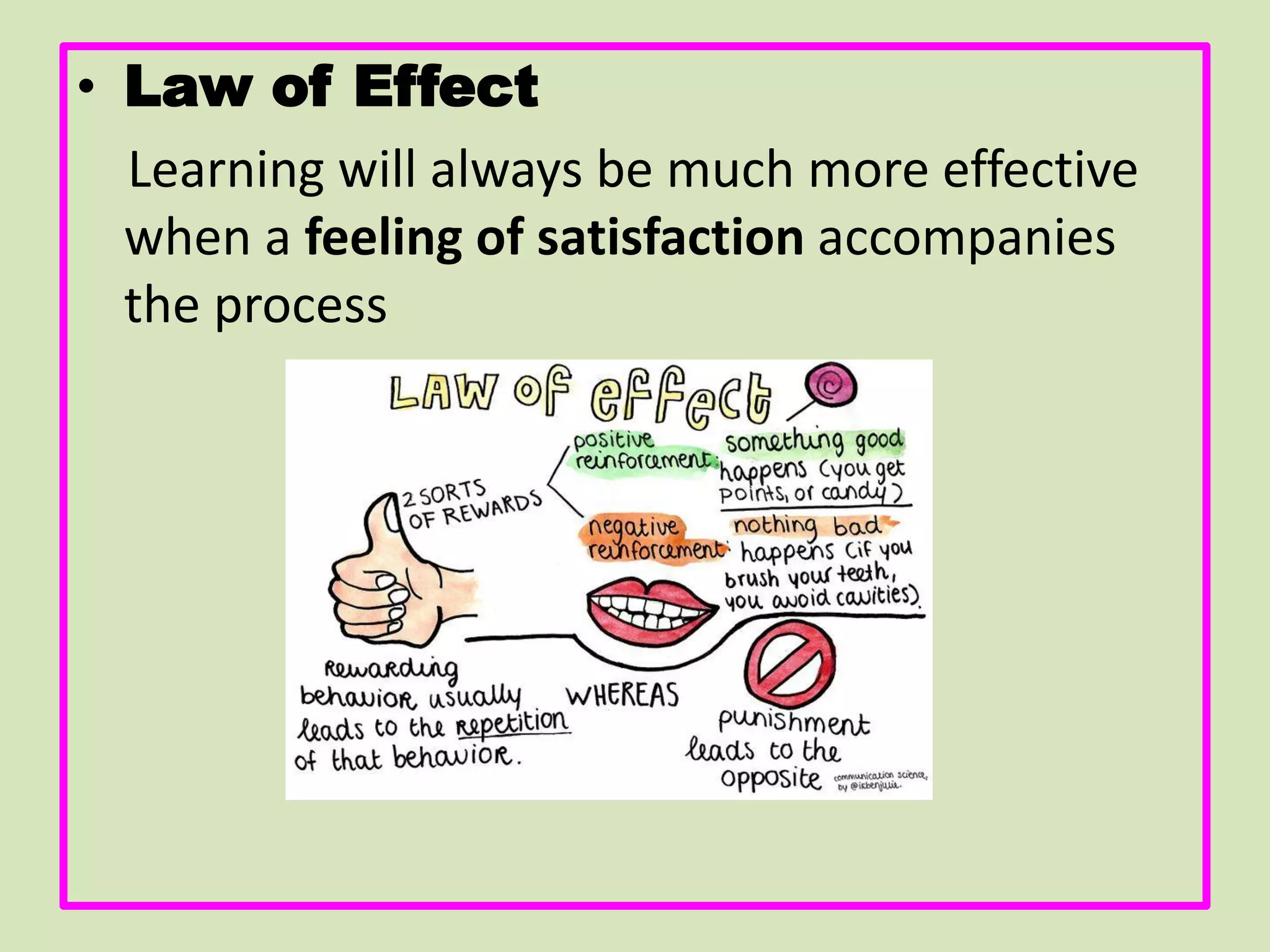 • Law of Effect
Learning will always be much more effective
when a feeling of satisfaction accompanies
the process
 
