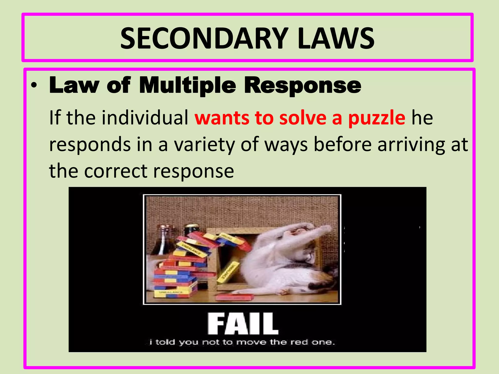 SECONDARY LAWS
• Law of Multiple Response
If the individual wants to solve a puzzle he
responds in a variety of ways before arriving at
the correct response
 
