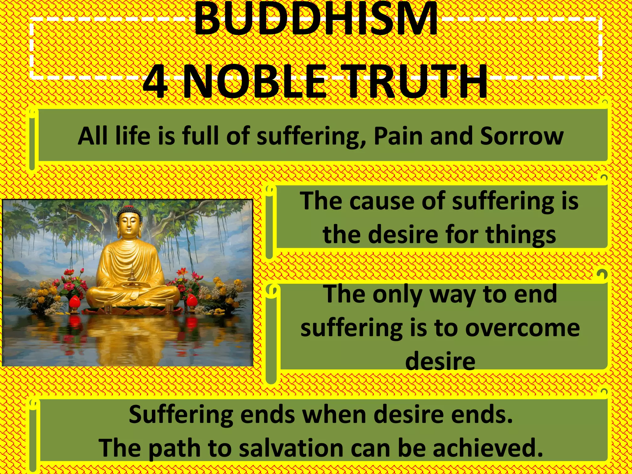 BUDDHISM
4 NOBLE TRUTH
All life is full of suffering, Pain and Sorrow
The cause of suffering is
the desire for things
The only way to end
suffering is to overcome
desire
Suffering ends when desire ends.
The path to salvation can be achieved.
 