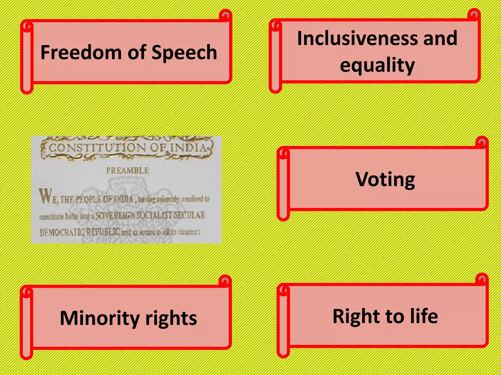 Freedom of Speech
Inclusiveness and
equality
Voting
Right to life
Minority rights
 