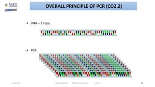 • DNA – 1 copy
• Known sequence Sequence of interest Known sequence
• PCR
2 July 2021 Abhijit Debnath BP605T and Biotech Unit-2 12
OVERALL PRINCIPLE OF PCR (CO2.2)
 