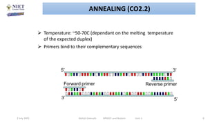  Temperature: ~50-70C (dependant on the melting temperature
of the expected duplex)
 Primers bind to their complementary sequences
5’
3’
5’ 3’
Forward primer Reverse primer
2 July 2021 Abhijit Debnath BP605T and Biotech Unit-2 8
ANNEALING (CO2.2)
 