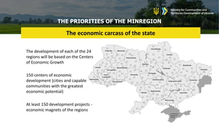 THE PRIORITIES OF THE MINREGION
The economic carcass of the state
The development of each of the 24
regions will be based on the Centers
of Economic Growth
150 centers of economic
development (cities and capable
communities with the greatest
economic potential)
At least 150 development projects -
economic magnets of the regions
 