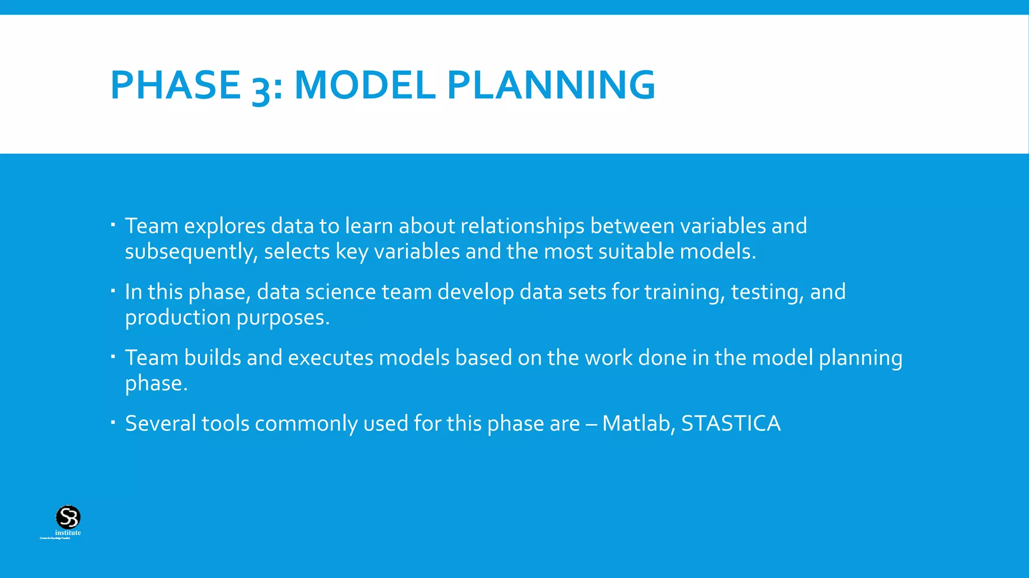 (CentreforKnowledgeTransfer)
institute
PHASE 3: MODEL PLANNING
 Team explores data to learn about relationships between variables and
subsequently, selects key variables and the most suitable models.
 In this phase, data science team develop data sets for training, testing, and
production purposes.
 Team builds and executes models based on the work done in the model planning
phase.
 Several tools commonly used for this phase are – Matlab, STASTICA
 