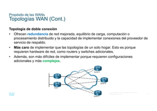 10
© 2016 Cisco y/o sus filiales. Todos los derechos reservados.
Información confidencial de Cisco
Propósito de las WANs
Topologías WAN (Cont.)
Topología de doble conexión
• Ofrecen redundancia de red mejorada, equilibrio de carga, computación o
procesamiento distribuido y la capacidad de implementar conexiones del proveedor de
servicio de respaldo.
• Más caro de implementar que las topologías de un solo hogar. Esto es porque
requieren hardware de red, como routers y switches adicionales.
• Además, son más difíciles de implementar porque requieren configuraciones
adicionales y más complejas.
 