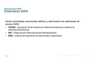 21
© 2016 Cisco y/o sus filiales. Todos los derechos reservados.
Información confidencial de Cisco
Operaciones WAN
Estándares WAN
Varias autoridades reconocidas definen y administran los estándares de
acceso WAN:
• TIA/EIA - Asociación de la Industria de Telecomunicaciones y Alianza de
Industrias Electrónicas
• ISO - Organización Internacional de Estandarización.
• IEEE - Instituto de Ingenieros en Electricidad y Electrónica
 