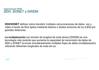 33
© 2016 Cisco y/o sus filiales. Todos los derechos reservados.
Información confidencial de Cisco
Operaciones WAN
SDH, SONET y DWDM
SDH/SONET definen cómo transferir múltiples comunicaciones de datos, voz y
video a través de fibra óptica mediante láseres o diodos emisores de luz (LED) por
grandes distancias.
La multiplexación por división de longitud de onda densa (DWDM) es una
tecnología más reciente que aumenta la capacidad de transmisión de datos de
SDH y SONET al enviar simultáneamente múltiples flujos de datos (multiplexación)
utilizando diferentes longitudes de onda de luz.
 