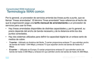 37
© 2016 Cisco y/o sus filiales. Todos los derechos reservados.
Información confidencial de Cisco
Conectividad WAN tradicional
Terminología WAN común
Por lo general, un proveedor de servicios arrienda las líneas punto a punto, que se
llaman “líneas arrendadas”. El término "línea arrendada" hace referencia al hecho de
que la organización paga una tarifa mensual de arrendamiento a un proveedor de
servicios para usar la línea.
• Hay líneas arrendadas disponibles de distintas capacidades y, por lo general, su
precio depende del ancho de banda necesario y de la distancia entre los dos
puntos conectados.
• Hay dos sistemas utilizados para definir la capacidad digital de un enlace serie de
medios de cobre:
• T-carrier - Utilizado en América del Norte, T-carrier proporciona enlaces T1 que admiten ancho
de banda de hasta 1.544 Mbps y enlaces T3 que soportan ancho de banda de hasta 43,7
Mbps.
• E-carrier — Utilizado en Europa, E-carrier proporciona enlaces E1 que admiten ancho de
banda de hasta 2.048 Mbps y enlaces E3 que admiten ancho de banda de hasta 34.368 Mbps.
 