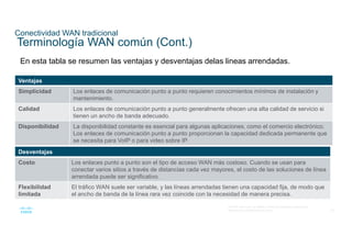 38
© 2016 Cisco y/o sus filiales. Todos los derechos reservados.
Información confidencial de Cisco
Conectividad WAN tradicional
Terminología WAN común (Cont.)
En esta tabla se resumen las ventajas y desventajas delas lineas arrendadas.
Ventajas
Simplicidad Los enlaces de comunicación punto a punto requieren conocimientos mínimos de instalación y
mantenimiento.
Calidad Los enlaces de comunicación punto a punto generalmente ofrecen una alta calidad de servicio si
tienen un ancho de banda adecuado.
Disponibilidad La disponibilidad constante es esencial para algunas aplicaciones, como el comercio electrónico.
Los enlaces de comunicación punto a punto proporcionan la capacidad dedicada permanente que
se necesita para VoIP o para video sobre IP.
Desventajas
Costo Los enlaces punto a punto son el tipo de acceso WAN más costoso. Cuando se usan para
conectar varios sitios a través de distancias cada vez mayores, el costo de las soluciones de línea
arrendada puede ser significativo.
Flexibilidad
limitada
El tráfico WAN suele ser variable, y las líneas arrendadas tienen una capacidad fija, de modo que
el ancho de banda de la línea rara vez coincide con la necesidad de manera precisa.
 