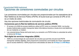39
© 2016 Cisco y/o sus filiales. Todos los derechos reservados.
Información confidencial de Cisco
Conectividad WAN tradicional
Opciones de conexiones conmutadas por circuitos
Las conexiones conmutadas por circuitos son proporcionadas por los operadores de la
Red Telefónica de Servicio Público (PSTN). El bucle local que conecta el CPE al CO
es un medio de cobre.
Hay dos opciones tradicionales de conmutación de circuito:
Conexiones para la Red de telefonía de servicio público (PSTN)
• El acceso a la WAN de acceso telefónico utiliza la RTC como su conexión WAN. Los bucles
locales tradicionales pueden transportar datos informáticos binarios a través de la red telefónica
de voz mediante un módem.
• Las características físicas del bucle local y su conexión a la PSTN limitan la velocidad de señal
a menos de 56 kbps.
Red digital de servicios integrados (ISDN)
• ISDN es una tecnología de conmutación de circuitos que permite al bucle local PSTN
transportar señales digitales. Esto proporcionó conexiones conmutadas de mayor capacidad
que el acceso telefónico. ISDN proporciona velocidades de datos de 45 Kbps a 2.048 Mbps.
 