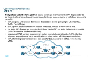 48
© 2016 Cisco y/o sus filiales. Todos los derechos reservados.
Información confidencial de Cisco
Conectividad WAN Moderna
MPLS
Multiprotocol Label Switching (MPLS) es una tecnología de enrutamiento WAN de proveedor de
servicios de alto rendimiento para interconectar clientes sin tener en cuenta el método de acceso o la
carga útil.
• MPLS soporta una variedad de métodos de acceso de cliente (por ejemplo, Ethernet, DSL,
Cable, Frame Relay).
• MPLS puede encapsular todos los tipos de protocolos, incluido el tráfico IPv4 e IPv6.
• Un router MPLS puede ser un router de borde de cliente (CE), un router de borde de proveedor
(PE) o un router de proveedor interno (P).
• Los routers MPLS también se denominan routers conmutados por etiquetas (LSR). Adjuntan
etiquetas a paquetes que luego son utilizados por otros routers MPLS para reenviar tráfico.
• MPLS también proporciona servicios para soporte QoS, ingeniería de tráfico, redundancia y
VPNs.
 