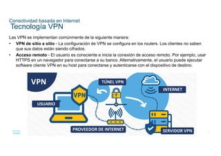 59
© 2016 Cisco y/o sus filiales. Todos los derechos reservados.
Información confidencial de Cisco
Conectividad basada en Internet
Tecnología VPN
Las VPN se implementan comúnmente de la siguiente manera:
• VPN de sitio a sitio - La configuración de VPN se configura en los routers. Los clientes no saben
que sus datos están siendo cifrados.
• Acceso remoto - El usuario es consciente e inicia la conexión de acceso remoto. Por ejemplo, usar
HTTPS en un navegador para conectarse a su banco. Alternativamente, el usuario puede ejecutar
software cliente VPN en su host para conectarse y autenticarse con el dispositivo de destino.
 