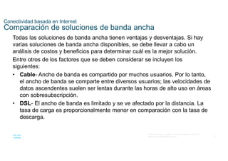 61
© 2016 Cisco y/o sus filiales. Todos los derechos reservados.
Información confidencial de Cisco
Conectividad basada en Internet
Comparación de soluciones de banda ancha
Todas las soluciones de banda ancha tienen ventajas y desventajas. Si hay
varias soluciones de banda ancha disponibles, se debe llevar a cabo un
análisis de costos y beneficios para determinar cuál es la mejor solución.
Entre otros de los factores que se deben considerar se incluyen los
siguientes:
• Cable- Ancho de banda es compartido por muchos usuarios. Por lo tanto,
el ancho de banda se comparte entre diversos usuarios; las velocidades de
datos ascendentes suelen ser lentas durante las horas de alto uso en áreas
con sobresubscripción.
• DSL- El ancho de banda es limitado y se ve afectado por la distancia. La
tasa de carga es proporcionalmente menor en comparación con la tasa de
descarga.
 