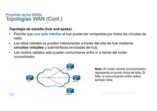 9
© 2016 Cisco y/o sus filiales. Todos los derechos reservados.
Información confidencial de Cisco
Propósito de las WANs
Topologías WAN (Cont.)
Topología de estrella (hub and spoke)
• Permite que una sola interfaz al hub puede ser compartida por todos los circuitos de
radio.
• Los sitios radiales se pueden interconectar a través del sitio de hub mediante
circuitos virtuales y subinterfaces enrutadas del hub.
• Los routers radiales solo pueden comunicarse entre sí a través del router
concentrador.
Nota: El router central (concentrador)
representa un punto único de falla. Si
falla, la comunicación entre radios
también falla.
 