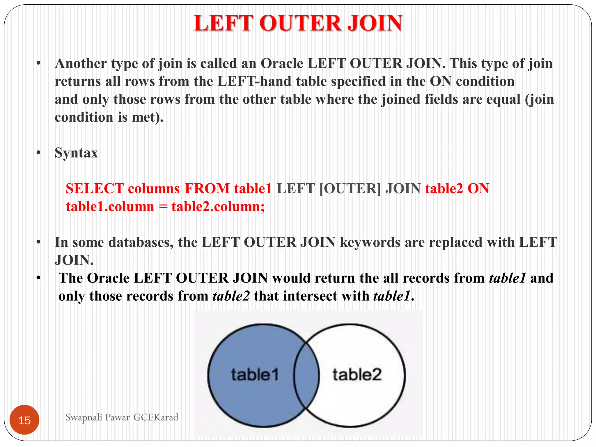 LEFT OUTER JOIN
• Another type of join is called an Oracle LEFT OUTER JOIN. This type of join
returns all rows from the LEFT-hand table specified in the ON condition
and only those rows from the other table where the joined fields are equal (join
condition is met).
• Syntax
SELECT columns FROM table1 LEFT [OUTER] JOIN table2 ON
table1.column = table2.column;
• In some databases, the LEFT OUTER JOIN keywords are replaced with LEFT
JOIN.
• The Oracle LEFT OUTER JOIN would return the all records from table1 and
only those records from table2 that intersect with table1.
Swapnali Pawar GCEKarad
15
 