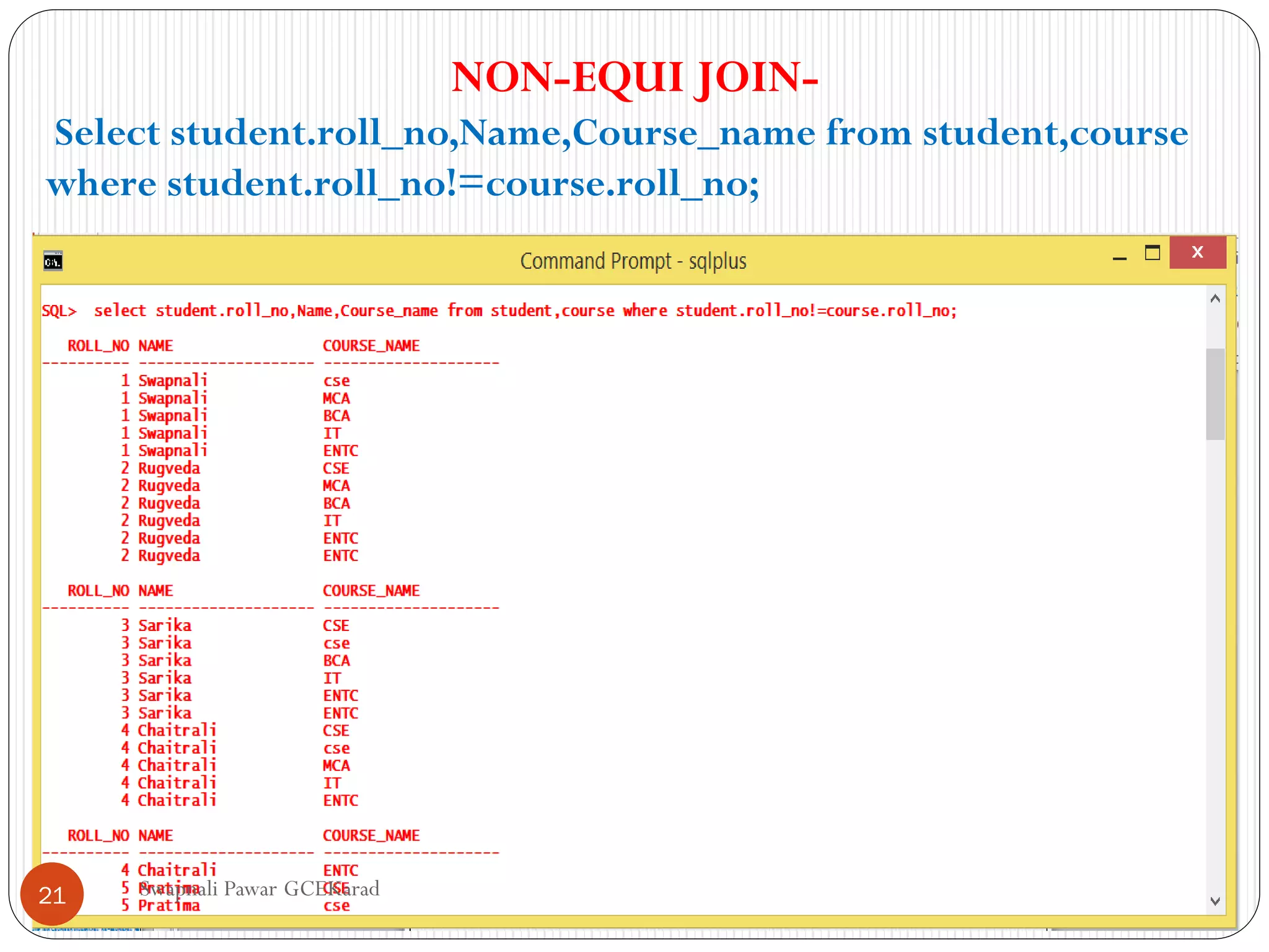 Swapnali Pawar GCEKarad
NON-EQUI JOIN-
Select student.roll_no,Name,Course_name from student,course
where student.roll_no!=course.roll_no;
21
 