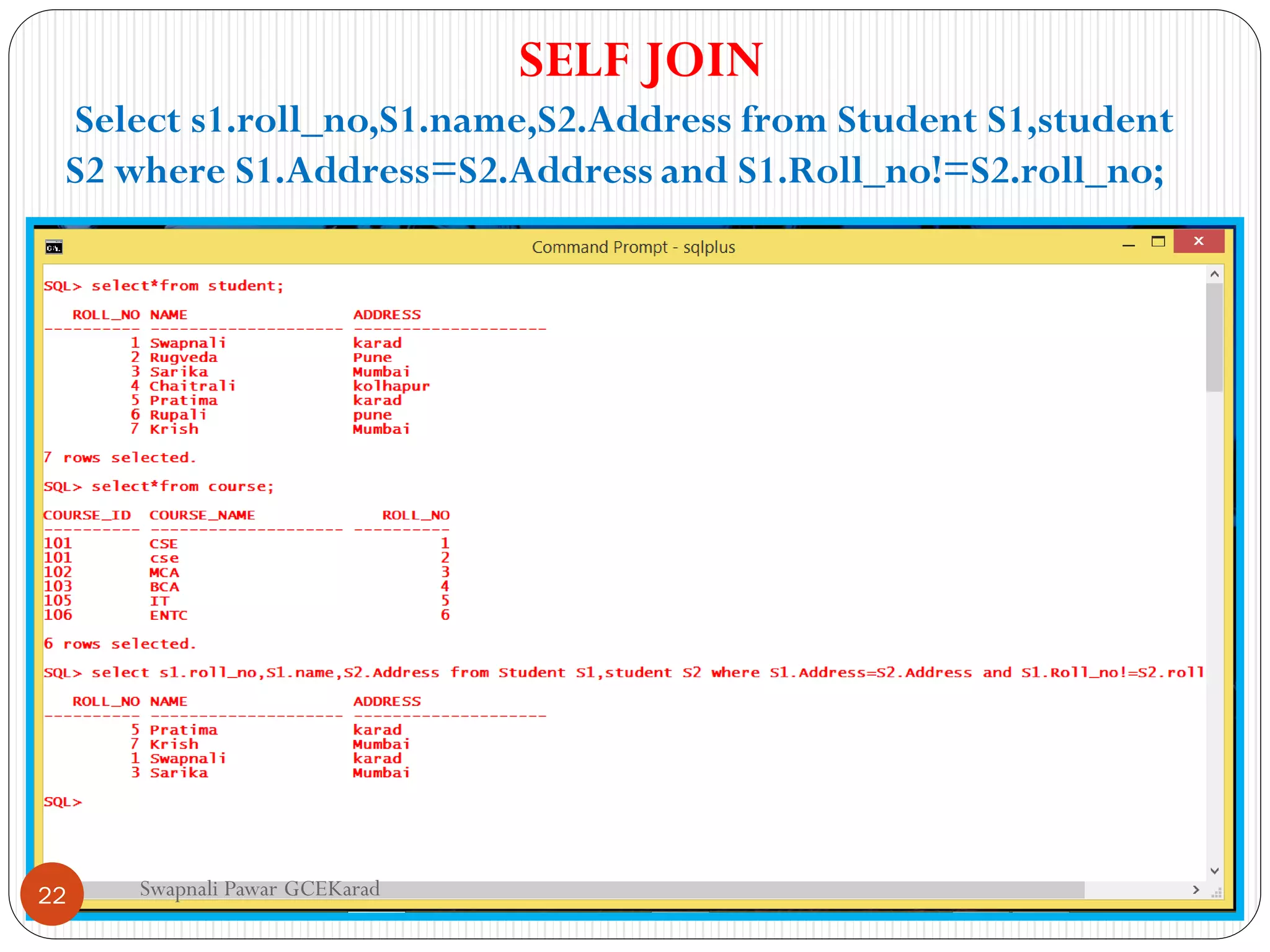Swapnali Pawar GCEKarad
SELF JOIN
Select s1.roll_no,S1.name,S2.Address from Student S1,student
S2 where S1.Address=S2.Address and S1.Roll_no!=S2.roll_no;
22
 