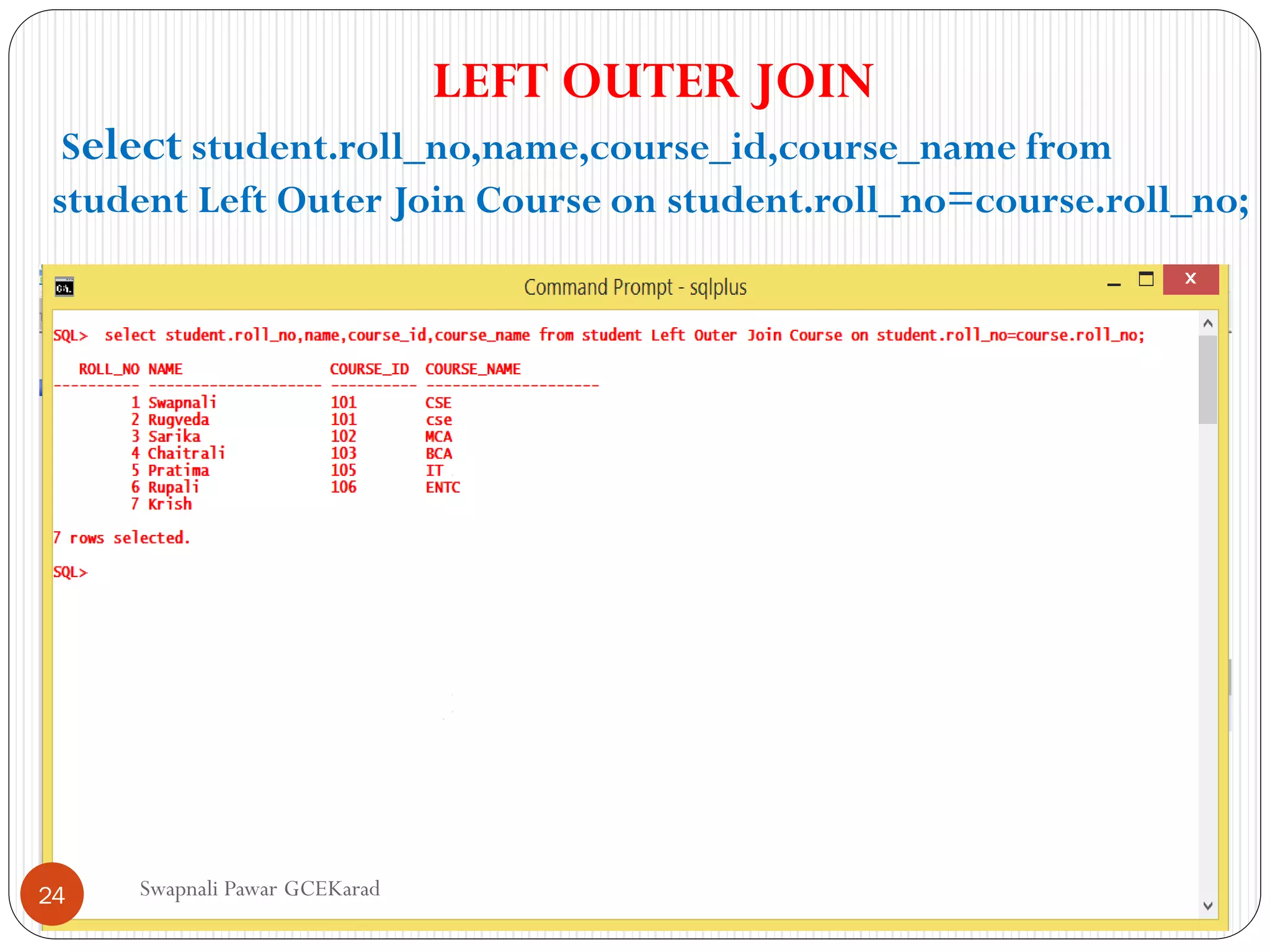 Swapnali Pawar GCEKarad
LEFT OUTER JOIN
Select student.roll_no,name,course_id,course_name from
student Left Outer Join Course on student.roll_no=course.roll_no;
24
 