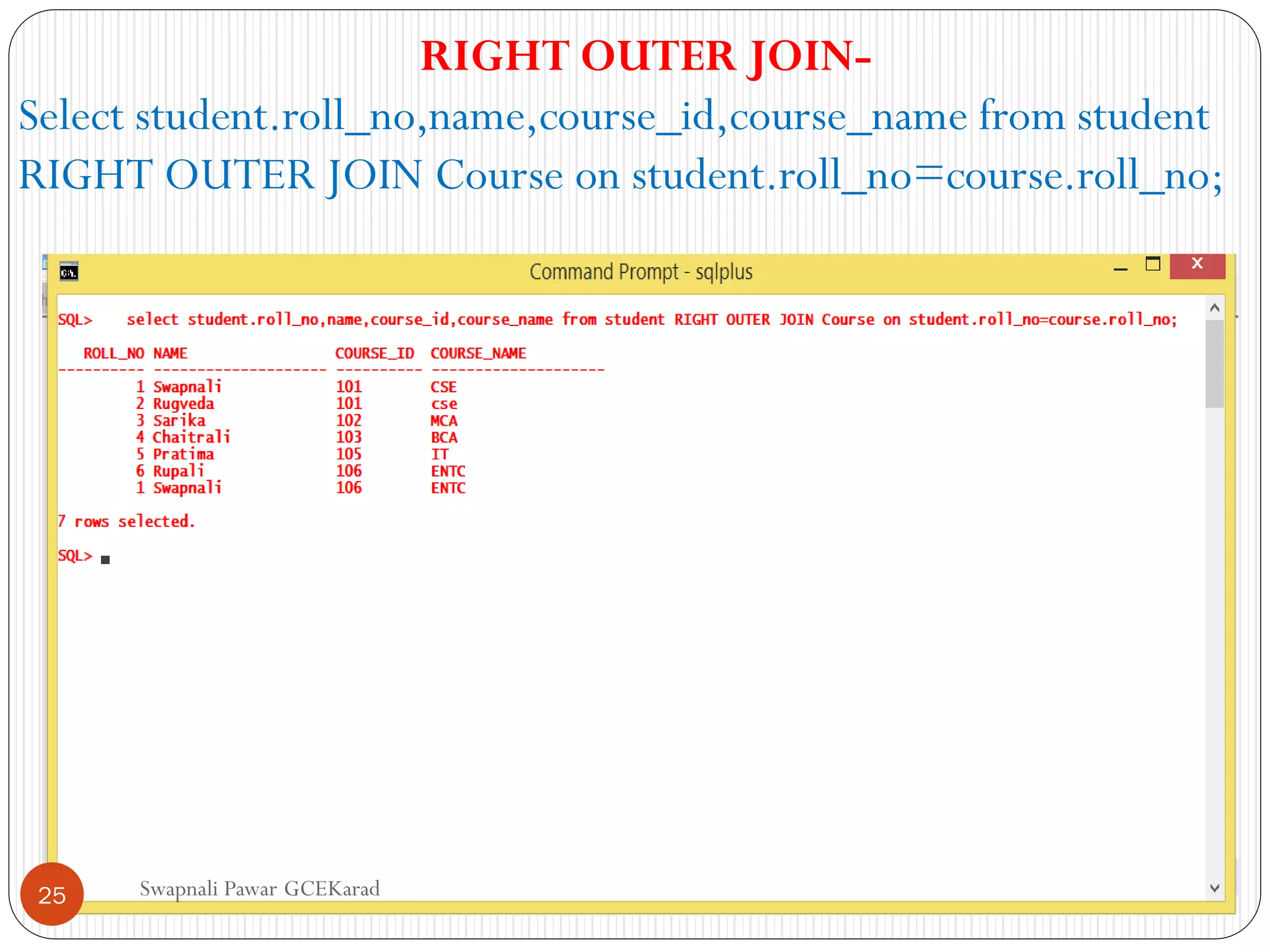 Swapnali Pawar GCEKarad
RIGHT OUTER JOIN-
Select student.roll_no,name,course_id,course_name from student
RIGHT OUTER JOIN Course on student.roll_no=course.roll_no;
25
 