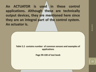 An ACTUATOR is used in these control
applications. Although these are technically
output devices, they are mentioned here since
they are an integral part of the control system.
An actuator is.
Table 5.2 contains number of common sensors and examples of
applications
Page 99-100 of text book
8/22/2021
20
 