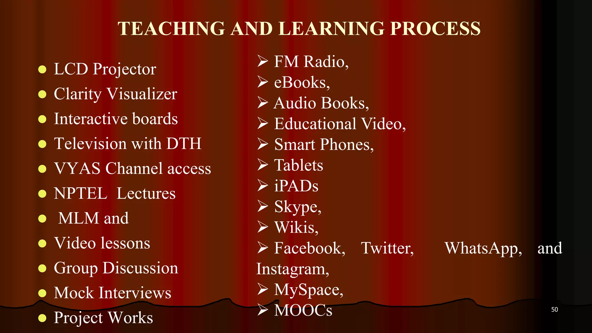 TEACHING AND LEARNING PROCESS
 LCD Projector
 Clarity Visualizer
 Interactive boards
 Television with DTH
 VYAS Channel access
 NPTEL Lectures
 MLM and
 Video lessons
 Group Discussion
 Mock Interviews
 Project Works
50
 FM Radio,
 eBooks,
 Audio Books,
 Educational Video,
 Smart Phones,
 Tablets
 iPADs
 Skype,
 Wikis,
 Facebook, Twitter, WhatsApp, and
Instagram,
 MySpace,
 MOOCs
 