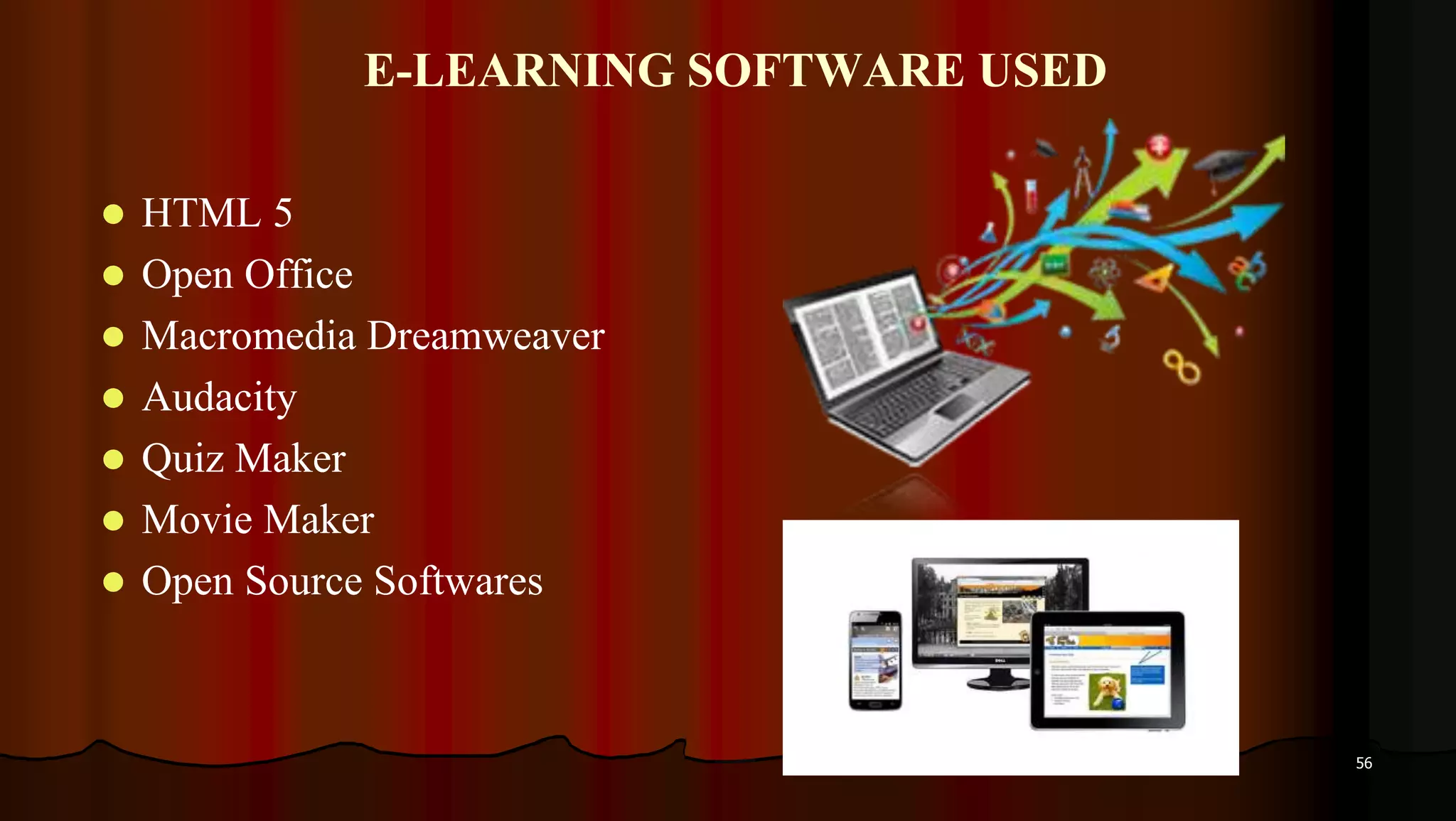 E-LEARNING SOFTWARE USED
 HTML 5
 Open Office
 Macromedia Dreamweaver
 Audacity
 Quiz Maker
 Movie Maker
 Open Source Softwares
56
 