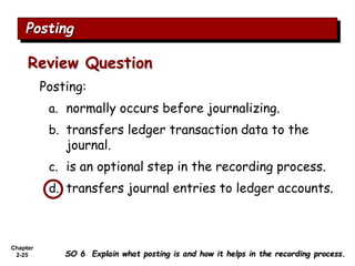 Chapter
2-25
Posting:
a. normally occurs before journalizing.
b. transfers ledger transaction data to the
journal.
c. is an optional step in the recording process.
d. transfers journal entries to ledger accounts.
Review Question
Posting
SO 6 Explain what posting is and how it helps in the recording process.
 