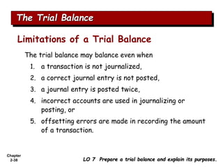 Chapter
2-38
The trial balance may balance even when
1. a transaction is not journalized,
2. a correct journal entry is not posted,
3. a journal entry is posted twice,
4. incorrect accounts are used in journalizing or
posting, or
5. offsetting errors are made in recording the amount
of a transaction.
The Trial Balance
LO 7 Prepare a trial balance and explain its purposes.
Limitations of a Trial Balance
 