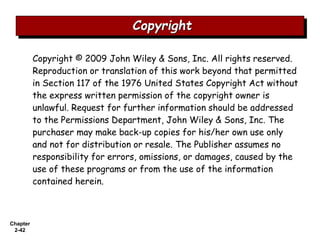 Chapter
2-42
Copyright © 2009 John Wiley & Sons, Inc. All rights reserved.
Reproduction or translation of this work beyond that permitted
in Section 117 of the 1976 United States Copyright Act without
the express written permission of the copyright owner is
unlawful. Request for further information should be addressed
to the Permissions Department, John Wiley & Sons, Inc. The
purchaser may make back-up copies for his/her own use only
and not for distribution or resale. The Publisher assumes no
responsibility for errors, omissions, or damages, caused by the
use of these programs or from the use of the information
contained herein.
Copyright
 