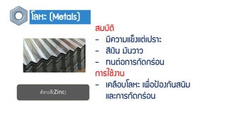 โลหะ (Metals)
สมบัติ
- มีควำมแข็งแต่เปรำะ
- สีเงิน มันวำว
- ทนต่อกำรกัดกร่อน
กำรใช้งำน
- เคลือบโลหะ เพื่อป้องกันสนิม
และกำรกัดกร่อน
สังกะสี(Zinc)
 