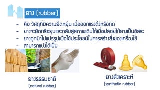 ยำง (rubber)
- คือ วัสดุที่มีควำมยืดหยุ่น เมื่อออกแรงดึงหรือกด
- ยำงจะยืดหรือยุบและกลับสู่สภำพเดิมได้เมื่อปล่อยให้ยำงเป็นอิสระ
- ยำงถูกนำไปแปรรูปเพื่อใช้ประโยชน์ในกำรสร้ำงสิ่งของเครื่องใช้
- สำมำรถแบ่งได้เป็น
ยำงธรรมชำติ
(natural rubber)
ยำงสังเครำะห์
(synthetic rubber)
 