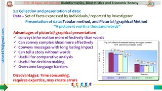 skhot1976@gmail.com B.Sc.-III Paper- XIV (DSE –F26) Bioinformatics, Biostatistics and Economic Botany
Dr. S. S. KHOT
2.2 Collection and presentation of data:
Data – Set of facts expressed by individuals / reported by investigator
Presentation of data: Tabular method, and Pictorial / graphical Method
“A picture is worth a thousand words”
Advantages of pictorial/ graphical presentation:
 conveys information more effectively than words
 Can convey complex ideas more effectively
 Conveys messages with long lasting impact
 Can tell a story without words
 Useful for comparative analysis
 Useful for decision making
 Overcome language barriers
Disadvantages: Time consuming,
requires expertize, may create errors
 