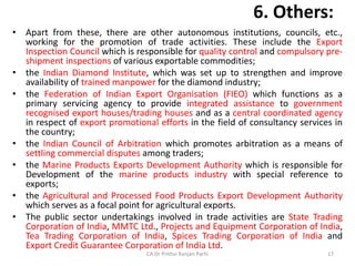 6. Others:
• Apart from these, there are other autonomous institutions, councils, etc.,
working for the promotion of trade activities. These include the Export
Inspection Council which is responsible for quality control and compulsory pre-
shipment inspections of various exportable commodities;
• the Indian Diamond Institute, which was set up to strengthen and improve
availability of trained manpower for the diamond industry;
• the Federation of Indian Export Organisation (FIEO) which functions as a
primary servicing agency to provide integrated assistance to government
recognised export houses/trading houses and as a central coordinated agency
in respect of export promotional efforts in the field of consultancy services in
the country;
• the Indian Council of Arbitration which promotes arbitration as a means of
settling commercial disputes among traders;
• the Marine Products Exports Development Authority which is responsible for
Development of the marine products industry with special reference to
exports;
• the Agricultural and Processed Food Products Export Development Authority
which serves as a focal point for agricultural exports.
• The public sector undertakings involved in trade activities are State Trading
Corporation of India, MMTC Ltd., Projects and Equipment Corporation of India,
Tea Trading Corporation of India, Spices Trading Corporation of India and
Export Credit Guarantee Corporation of India Ltd.
CA Dr Prithvi Ranjan Parhi 17
 