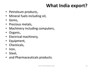 What India export?
• Petroleum products,
• Mineral fuels including oil,
• Gems,
• Precious metals,
• Machinery including computers,
• Organic,
• Electrical machinery,
• Equipment,
• Chemicals,
• Iron,
• Steel,
• and Pharmaceuticals products.
CA Dr Prithvi Ranjan Parhi 18
 