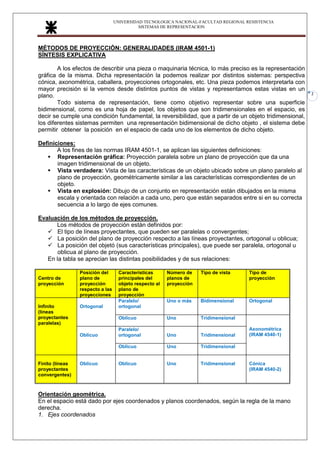 UNIVERSIDAD TECNOLOGICA NACIONAL-FACULTAD REGIONAL RESISTENCIA
SISTEMAS DE REPRESENTACION
2
MÉTODOS DE PROYECCIÓN: GENERALIDADES (IRAM 4501-1)
SÍNTESIS EXPLICATIVA
A los efectos de describir una pieza o maquinaria técnica, lo más preciso es la representación
gráfica de la misma. Dicha representación la podemos realizar por distintos sistemas: perspectiva
cónica, axonométrica, caballera, proyecciones ortogonales, etc. Una pieza podemos interpretarla con
mayor precisión si la vemos desde distintos puntos de vistas y representamos estas vistas en un
plano.
Todo sistema de representación, tiene como objetivo representar sobre una superficie
bidimensional, como es una hoja de papel, los objetos que son tridimensionales en el espacio, es
decir se cumple una condición fundamental, la reversibilidad, que a partir de un objeto tridimensional,
los diferentes sistemas permiten una representación bidimensional de dicho objeto , el sistema debe
permitir obtener la posición en el espacio de cada uno de los elementos de dicho objeto.
Definiciones:
A los fines de las normas IRAM 4501-1, se aplican las siguientes definiciones:
▪ Representación gráfica: Proyección paralela sobre un plano de proyección que da una
imagen tridimensional de un objeto.
▪ Vista verdadera: Vista de las características de un objeto ubicado sobre un plano paralelo al
plano de proyección, geométricamente similar a las características correspondientes de un
objeto.
▪ Vista en explosión: Dibujo de un conjunto en representación están dibujados en la misma
escala y orientada con relación a cada uno, pero que están separados entre si en su correcta
secuencia a lo largo de ejes comunes.
Evaluación de los métodos de proyección.
Los métodos de proyección están definidos por:
✓ El tipo de líneas proyectantes, que pueden ser paralelas o convergentes;
✓ La posición del plano de proyección respecto a las líneas proyectantes, ortogonal u oblicua;
✓ La posición del objetó (sus características principales), que puede ser paralela, ortogonal u
oblicua al plano de proyección.
En la tabla se aprecian las distintas posibilidades y de sus relaciones:
Centro de
proyección
Posición del
plano de
proyección
respecto a las
proyecciones
Características
principales del
objeto respecto al
plano de
proyección
Número de
planos de
proyección
Tipo de vista Tipo de
proyección
Infinito
(líneas
proyectantes
paralelas)
Ortogonal
Paralelo/
ortogonal
Uno o más Bidimensional Ortogonal
Oblicuo Uno Tridimensional
Axonométrica
(IRAM 4540-1)
Oblicuo
Paralelo/
ortogonal Uno Tridimensional
Oblicuo Uno Tridimensional
Finito (líneas
proyectantes
convergentes)
Oblicuo Oblicuo Uno Tridimensional Cónica
(IRAM 4540-2)
Orientación geométrica.
En el espacio está dado por ejes coordenados y planos coordenados, según la regla de la mano
derecha.
1. Ejes coordenados
 
