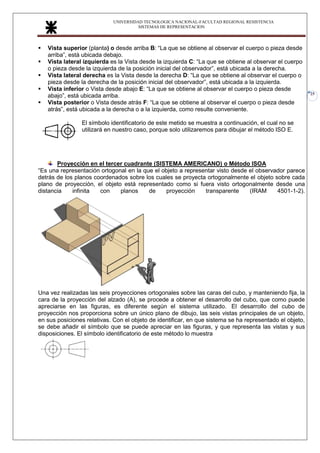 UNIVERSIDAD TECNOLOGICA NACIONAL-FACULTAD REGIONAL RESISTENCIA
SISTEMAS DE REPRESENTACION
25
▪ Vista superior (planta) o desde arriba B: “La que se obtiene al observar el cuerpo o pieza desde
arriba”, está ubicada debajo.
▪ Vista lateral izquierda es la Vista desde la izquierda C: “La que se obtiene al observar el cuerpo
o pieza desde la izquierda de la posición inicial del observador”, está ubicada a la derecha.
▪ Vista lateral derecha es la Vista desde la derecha D: “La que se obtiene al observar el cuerpo o
pieza desde la derecha de la posición inicial del observador”, está ubicada a la izquierda.
▪ Vista inferior o Vista desde abajo E: “La que se obtiene al observar el cuerpo o pieza desde
abajo”, está ubicada arriba.
▪ Vista posterior o Vista desde atrás F: “La que se obtiene al observar el cuerpo o pieza desde
atrás”, está ubicada a la derecha o a la izquierda, como resulte conveniente.
El símbolo identificatorio de este metido se muestra a continuación, el cual no se
utilizará en nuestro caso, porque solo utilizaremos para dibujar el método ISO E.
Proyección en el tercer cuadrante (SISTEMA AMERICANO) o Método ISOA
“Es una representación ortogonal en la que el objeto a representar visto desde el observador parece
detrás de los planos coordenados sobre los cuales se proyecta ortogonalmente el objeto sobre cada
plano de proyección, el objeto está representado como si fuera visto ortogonalmente desde una
distancia infinita con planos de proyección transparente (IRAM 4501-1-2).
Una vez realizadas las seis proyecciones ortogonales sobre las caras del cubo, y manteniendo fija, la
cara de la proyección del alzado (A), se procede a obtener el desarrollo del cubo, que como puede
apreciarse en las figuras, es diferente según el sistema utilizado. El desarrollo del cubo de
proyección nos proporciona sobre un único plano de dibujo, las seis vistas principales de un objeto,
en sus posiciones relativas. Con el objeto de identificar, en que sistema se ha representado el objeto,
se debe añadir el símbolo que se puede apreciar en las figuras, y que representa las vistas y sus
disposiciones. El símbolo identificatorio de este método lo muestra
 