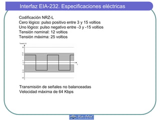 Interfaz EIA-232. Especificaciones eléctricas
Codificación NRZ-L
Cero lógico: pulso positivo entre 3 y 15 voltios
Uno lógico: pulso negativo entre -3 y -15 voltios
Tensión nominal: 12 voltios
Tensión máxima: 25 voltios
Transmisión de señales no balanceadas
Velocidad máxima de 64 Kbps
 