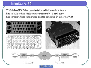 Interfaz V.35
V.35 define SÓLO las características eléctricas de la interfaz
Las características mecánicas se definen en la ISO 2593
Las características funcionales son las definidas en la norma V.24
 