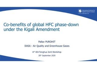 Co‐benefits of global HFC phase‐down
under the Kigali Amendment
Pallav PUROHIT
IIASA - Air Quality and Greenhouse Gases
6th IEA-Tsinghua Joint Workshop
28th September 2020
 
