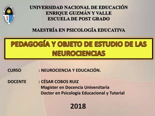 CURSO : NEUROCIENCIA Y EDUCACIÓN.
DOCENTE : CÉSAR COBOS RUIZ
Magíster en Docencia Universitaria
Doctor en Psicología Educacional y Tutorial
2018
 